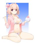  ar_tonelico ar_tonelico_iii barefoot bikini bow bow_bikini braid breasts brown_hair front-tie_top hood hoodie kamoto_tatsuya large_breasts looking_at_viewer navel open_clothes open_hoodie pink_eyes saki_(ar_tonelico) shaved_ice short_hair sitting smile solo spoon swimsuit wariza white_bikini 