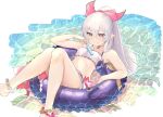  1girl anklet bangs bare_arms bikini bikini_skirt breasts caustics choker closed_mouth collarbone fang feet_out_of_frame food granblue_fantasy innertube jewelry long_hair medusa_(shingeki_no_bahamut) pointy_ears ponytail popsicle ruga_(orage38) sitting skin_fang small_breasts smile solo swimsuit twitter_username v-shaped_eyebrows water white_bikini white_hair yellow_eyes 