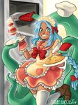  ankle_boots apron aqua_hair ashley_ann_swaby boots bow braid breasts chef_hat dark_skin food frills green_eyes grin hair_bow hat highres ketchup long_hair maid maid_headdress omurice oven oven_mitts parfait sailor_collar schoolgirls_love_tentacles single_braid small_breasts smile solo_focus tentacles thighhighs waitress white_legwear zettai_ryouiki 