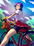  ass bicycle bicycle_basket bike_shorts breasts cloud consensual_tentacles day eyelashes fingerless_gloves from_below gloves ground_vehicle highres ian_chase legs_apart looking_at_viewer looking_back medium_breasts outdoors pleated_skirt purple_hair red_skirt school_uniform schoolgirls_love_tentacles short_hair short_sleeves shorts shorts_under_skirt skirt sky solo standing tentacles tree upskirt yellow_eyes 