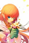  :/ blonde_hair blue_eyes blurry coat depth_of_field flower holding long_hair looking_at_viewer mittens pointy_ears rune_factory rune_factory_3 sekka_koyori solo toona wind 