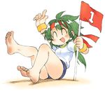  :d ^_^ barefoot closed_eyes dirty_feet feet flag green_hair gym_shorts gym_uniform hairband legs long_hair numbered_flag open_mouth oyatsu_(mk2) ponytail shadow shorts sitting smile soles solo toes white_background wristband 