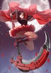  black_footwear bojue_yu_yaojing_695657 boots breasts cape cross-laced_footwear dress frilled_skirt frills full_moon jumping lace-up_boots legs medium_breasts moon no_legwear petals red_skirt ruby_rose rwby scythe short_hair skirt solo thighs weapon 