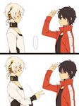  2koma black_hair bookcage comic headphones jacket kagerou_project kisaragi_shintarou konoha_(kagerou_project) multiple_boys red_eyes shaded_face short_hair silent_comic track_jacket white_background white_hair 