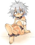  barefoot chain chained cuffs dirty_feet feet full_body oyatsu_(mk2) shackles silver_eyes silver_hair simple_background slave soles solo toes white_background 