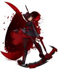  1girl black_hair black_legwear bleedman boots cape cross-laced_footwear high_heels highres hood hooded_cape lace-up_boots pantyhose petals red_cape rose_petals ruby_rose rwby scythe thighhighs weapon 