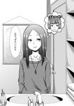  bathroom comic greyscale i_am_homeko jewelry kobayakawa_rinko long_hair looking_away love_plus monochrome necklace off-shoulder_sweater smile solo sweater thought_bubble translated 