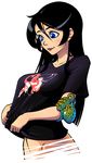  aitako black_hair blue_eyes bottomless breasts ian_chase lips lipstick long_hair makeup medium_breasts no_panties octopus original out-of-frame_censoring parted_lips schoolgirls_love_tentacles shirt smile solo t-shirt taut_clothes 