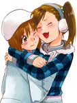  brown_eyes brown_hair coat earmuffs futami_mami gloves hagiwara_yukiho hat hug idolmaster idolmaster_(classic) jacket mori_(unknown.) multiple_girls side_ponytail smile wince 