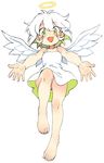  :d angel bare_shoulders barefoot dress feet full_body green_eyes halo no_panties open_mouth outstretched_arms oyatsu_(mk2) short_hair simple_background smile solo toes white_background white_hair wings 