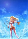  alternate_hairstyle chrono_cross cloud day gloves hair_down highres kid_(chrono_cross) long_hair midriff miniskirt moon skirt sky smile solo song-bird tank_top water 