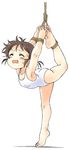  armpits ballet barefoot bdsm blush bondage bound brown_hair closed_eyes fang feet full_body leotard open_mouth oyatsu_(mk2) rope simple_background soles solo suspension sweatdrop toes torture white_background 