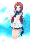  aqua_eyes brown_hair dress jumping kneehighs loafers long_hair looking_at_viewer mukaido_manaka nagi_no_asukara reaching sailor_dress school_uniform scrunchie serafuku shoes smile solo white_legwear wrist_scrunchie zimajiang 