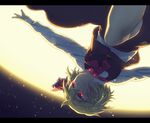  ascot black_vest blonde_hair cowboy_shot dark floating glowing hair_ribbon kikugetsu letterboxed long_sleeves looking_away messy_hair moon night night_sky outdoors outstretched_arms red_eyes red_neckwear red_ribbon ribbon rumia short_hair sky smile solo spread_arms touhou upside-down vest 