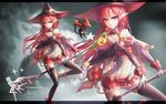  bare_shoulders cat detached_sleeves dungeon_and_fighter hat long_hair mage_(dungeon_and_fighter) pointy_ears red_eyes red_hair staff thighhighs wangchuan_de_quanyan witch_(dungeon_and_fighter) witch_hat zoom_layer 