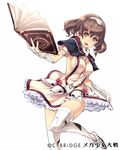  book boots breasts brown_hair copyright_name frilled_skirt frills gloves green_eyes hairband highres keypot leg_lift mecha_shoujo_taisen_z medium_breasts official_art open_mouth short_hair sideboob skirt skirt_lift solo thigh_boots thighhighs white_background white_gloves white_legwear 