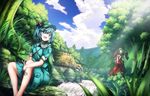  bare_legs blue_eyes blue_hair blue_sky bow cabbie_hat cloud cloudy_sky day dress flower forest frills front_ponytail green_eyes green_hair hair_bobbles hair_bow hair_ornament hair_ribbon hat kagiyama_hina kawashiro_nitori long_hair minamina multiple_girls nature open_mouth plant pocket red_dress ribbon rock scenery short_hair short_sleeves short_twintails sitting_on_rock skirt skirt_set sky sleeves_rolled_up smile touhou tree twintails two_side_up wrench wrist_ribbon 