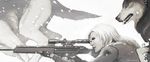  aiming commentary david_semsei fingerless_gloves gloves gun laser_sight lips long_hair metal_gear_(series) metal_gear_solid psg-1 rifle scope sniper_rifle sniper_wolf snowing solo weapon white_hair wolf 