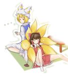  2girls ascot back-to-back blonde_hair blush bow brown_hair cup dress hair_bow hair_tubes hakurei_reimu hat leaning_back leaning_on_person multiple_girls open_mouth reclining sakazuki short_hair sitting sleeping sleeping_on_person sleeping_upright socks soukitsu sweatdrop table tail tail_hug touhou yakumo_ran yellow_eyes 