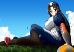  absurdres aircraft black_hair blue_eyes boots breasts cloud day dress eliza_torland giantess gigantic_breasts gloves hat highres hot_air_balloon moralgear original sky smile 