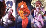  absurdres adjusting_eyewear adjusting_hair ayanami_rei blue_eyes blue_hair bodysuit breasts brown_hair eva_02 evangelion:_2.0_you_can_(not)_advance glasses hair_ornament hairband highres long_hair makinami_mari_illustrious medium_breasts multicolored multicolored_bodysuit multicolored_clothes multiple_girls navel neon_genesis_evangelion official_art orange_bodysuit orange_hair pale_skin pink_bodysuit plugsuit rebuild_of_evangelion red_bodysuit red_eyes red_hair sadamoto_yoshiyuki shikinami_asuka_langley short_hair small_breasts souryuu_asuka_langley test_plugsuit twintails white_bodysuit 