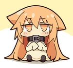  bad_id bad_pixiv_id borrowed_character chibi chroma_(chroma000) collar jitome light_brown_eyes light_brown_hair long_hair looking_at_viewer original simple_background sitting sleeves_past_wrists solo two-tone_background 