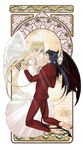  1girl angel angel_and_devil angel_wings aqua_eyes art_nouveau azu_(asler23615) bare_shoulders barefoot bishoujo_senshi_sailor_moon black_hair blonde_hair blurry demon_boy demon_tail demon_wings detached_sleeves double_bun dress facial_mark feathered_wings fingernails flower forehead_mark formal full_body hair_ornament hairclip halo highres horns kneeling lily_of_the_valley long_fingernails long_hair long_toenails looking_at_another mosaic_background pants parted_lips ponytail princess_serenity red_pants rose seiya_kou suit tail toenails tsukino_usagi twintails white_dress wings 