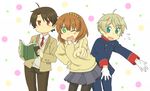  2boys aldnoah.zero asseylum_vers_allusia blue_skirt book brown_hair expressionless gloves green_eyes hyadain_no_kakakata_kataomoi_-_c kaizuka_inaho military military_uniform miniskirt multiple_boys nichijou one_eye_closed open_mouth pantyhose parody pleated_skirt pointing pointing_at_viewer red_eyes ryuka school_uniform short_hair silver_hair skirt slaine_troyard sweater sweater_vest uniform white_gloves 