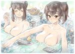  akagi_(kantai_collection) areolae bathing breasts brown_hair collarbone commentary eating egg fairy_(kantai_collection) floating_breasts kaga_(kantai_collection) kantai_collection large_breasts long_hair looking_at_viewer mimonel minigirl multiple_girls onsen side_ponytail size_difference sweat 