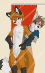  amber_eyes balls black_fur blue_eyes blush brown_hair canine chest_tuft clothing curtains cute fox fur grey_fur hair hands_on_hips invalid_tag kitsune18 knees mammal max muzzle_(object) muzzled nude open_mouth orange_fur orange_hair pants pose sheath shirt smile standing tuft white_fur wolf zell 
