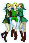  3boys bed blonde_hair blue_eyes blush boots brown_hair dakimakura frown gloves hand_holding hat highres link lying male_focus multiple_boys multiple_persona nintendo ocarina_of_time on_back on_side open_mouth pointy_ears short_hair skyward_sword smile stella_ing str_(zkmim) the_legend_of_zelda the_legend_of_zelda:_ocarina_of_time the_legend_of_zelda:_skyward_sword the_legend_of_zelda:_twilight_princess time_paradox twilight_princess yaoi zelda_musou 