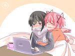  akemi_homura black_hair blush casual coffee computer hair_ribbon hug hug_from_behind kaname_madoka kotatsu laptop long_hair mahou_shoujo_madoka_magica multiple_girls pink_hair purple_eyes ribbon scarf short_hair short_twintails simple_background smile sweater table twintails yuka_(mikuxluka) yuri 