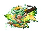  bird_tail bow_(weapon) brown_eyes claws crossbow gradient_wings green_hair highres holding multicolored multicolored_wings navel open_mouth petals puzzle_&amp;_dragons simple_background solo sylph_(p&amp;d) tomotsuka_haruomi weapon white_background wings 