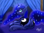  2014 back_turned bed bedroom blue_fur blue_hair blush curtains cutie_mark equine feathers featureless_crotch female feral friendship_is_magic fur hair hi_res hooves horn long_hair looking_at_viewer looking_back lying mammal my_little_pony on_bed presenting princess_luna_(mlp) raised_tail solo teal_eyes underhoof winged_unicorn wings zanclife 