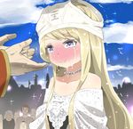  blonde_hair blush commentary_request coronation jewelry long_hair mushi_gyouza necklace original pearl_necklace smile snot solo_focus sweat tears underwear_on_head 