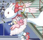  akemi_homura black_hair bow connect_(madoka_magica) cosplay explosive gloves grenade hairband high_heels kaname_madoka kaname_madoka_(cosplay) kyubey long_hair magical_girl mahou_shoujo_madoka_magica mushi_gyouza pantyhose profile purple_eyes red_eyes white_gloves 