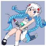  1girl blue_eyes braid dress extra_eyes genderswap ipaanbaa kog&#039;maw kog'maw league_of_legends mary_janes personification red_eyes shoes solo tail water_gun white_dress 