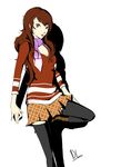  black_legwear brown_eyes brown_hair commentary cosplay dh_(brink_of_memories) female_protagonist_(persona_3) female_protagonist_(persona_3)_(cosplay) hair_down highres kujikawa_rise leg_up long_hair official_style persona persona_3 persona_3_portable persona_4 plaid plaid_skirt scarf shadow signature skirt solo standing standing_on_one_leg thighhighs white_background 