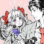  1girl black_eyes black_hair blush bow gekkan_shoujo_nozaki-kun hair_bow lowres monochrome necktie nozaki_umetarou polka_dot polka_dot_bow purple_eyes sakura_chiyo spot_color watata13 