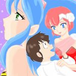  1boy 2girls blue_eyes brown_hair elle_de_rosenbach green_eyes headband lowres lum moroboshi_ataru multiple_girls panpukin urusei_yatsura urusei_yatsura_only_you 