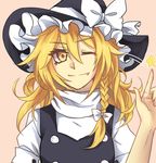  blonde_hair bow braid fang fang_out finger_gun hair_bow hat hat_bow highres hujitaumi kirisame_marisa long_hair one_eye_closed shirt simple_background single_braid solo star touhou upper_body vest white_bow yellow_eyes 