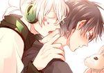  bite_mark black_eyes black_hair blush bunny closed_eyes headphones kagerou_project kisaragi_shintarou konoha_(kagerou_project) lovehammer male_focus multiple_boys open_mouth short_ponytail sweatdrop white_background white_hair yaoi 