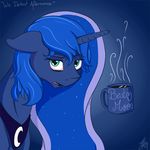  &lt;3 2014 blue_eyes blue_hair blue_theme coffee cup english_text equine female friendship_is_magic hair horn mammal my_little_pony necklace princess_luna_(mlp) solo sparkles steam text tired tlatophat winged_unicorn wings 