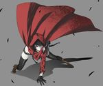  arizuka_(catacombe) attack black_hair braid full_body gloves grey_background hood hoodie knife little_red_riding_hood original raincoat red_eyes short_shorts shorts simple_background solo spot_color thighhighs twin_braids 