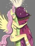  2014 anthro anthrofied blush breasts cum cumshot cutie_mark equine female fluttershy_(mlp) friendship_is_magic fur grey_background hair long_hair male mammal my_little_pony orgasm pegasus penis pink_hair plain_background rabbitcake size_difference straight vein wings yellow_fur 