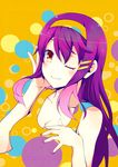  alternate_costume alternate_eye_color alternate_hair_color breasts casual cleavage hair_ornament hairband hairclip haruna_(kantai_collection) kantai_collection kouji_(campus_life) long_hair looking_at_viewer medium_breasts one_eye_closed purple_hair red_eyes revision smile solo 