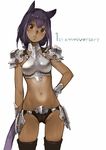  animal_ears armor bikini_armor branch_(blackrabbits) brown_eyes cameltoe cat_ears cat_tail dark_skin final_fantasy final_fantasy_xiv long_hair looking_at_viewer miqo'te open_mouth purple_hair simple_background solo tail thighhighs white_background 