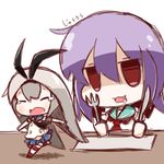  :3 absurdres antennae bug butter_knife chibi cockroach crying drooling fang fork gokicha highres holding insect kantai_collection multiple_girls nuu_(nu-nyu) open_mouth parody pleated_skirt purple_hair red_eyes running school_uniform serafuku shimakaze_(kantai_collection) short_hair silver_hair sketch skirt striped striped_legwear tama_(kantai_collection) tears thighhighs translated 