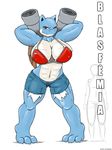  3_toes arms_behind_head big_breasts bikini blastoise blue_skin bra breasts cannons clothing female hindpaw invalid_color invalid_tag jeans knees muscles nintendo paws plain_background pok&eacute;ball pok&eacute;mon pose red_eyes shell shorts smirk smug swimsuit text tigh_gap toes underwear video_games wide_hips 