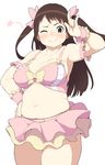  1girl accho_(macchonburike) annoyed black_eyes blush bow bra breasts brown_hair cleavage hair_bow hair_ribbon large_breasts long_hair navel original plump ribbon simple_background skirt solo standing thick_thighs thighs twintails underwear wink 